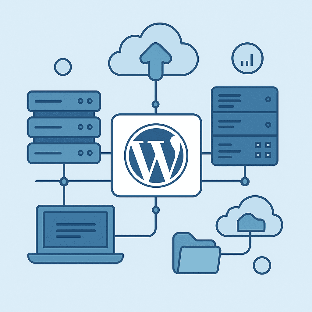 WordPress blog hosting illustration with servers and cloud integration