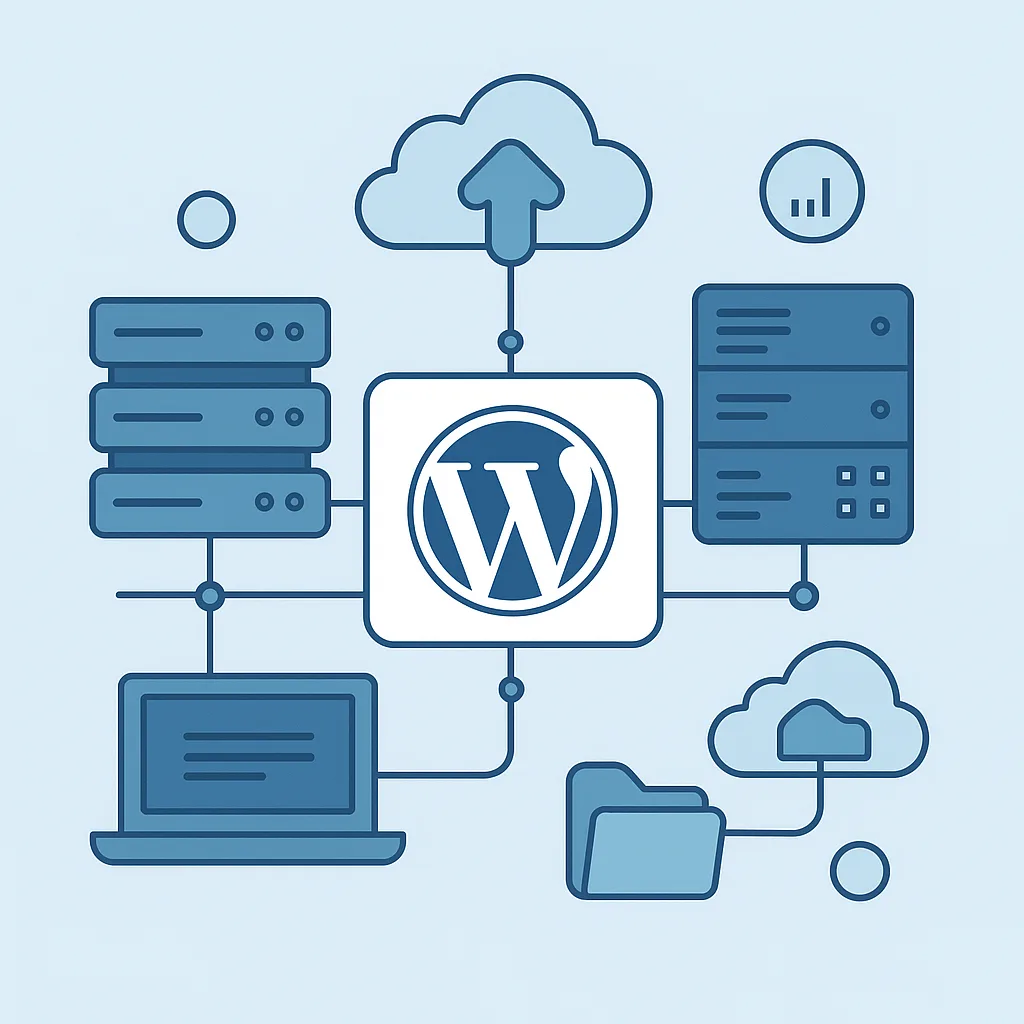 WordPress blog hosting illustration with servers and cloud integration