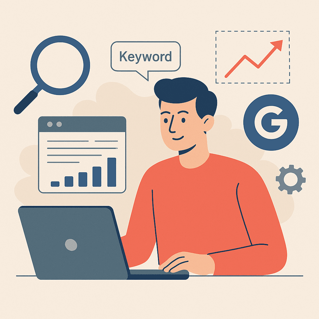 Person analyzing blog topic research using SEO tools on a laptop, surrounded by SEO-related icons.