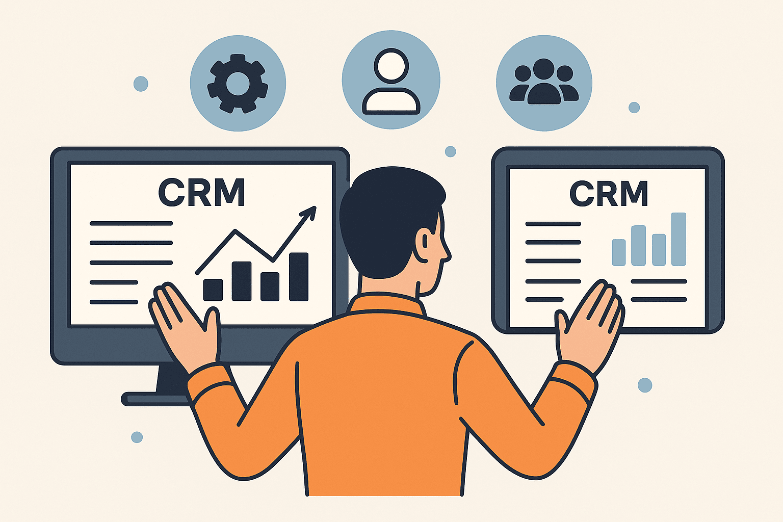 A business owner evaluating CRM tools across multiple devices in a modern workspace.