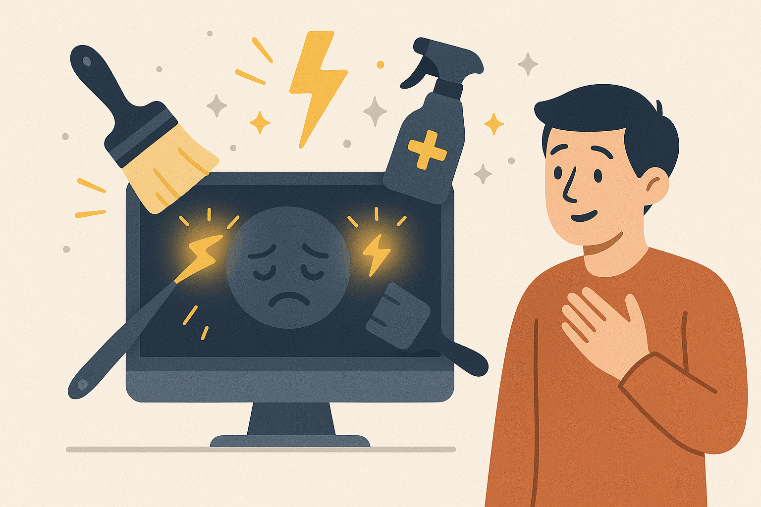 Illustration of a slow computer being cleaned and optimized with modern digital tools.