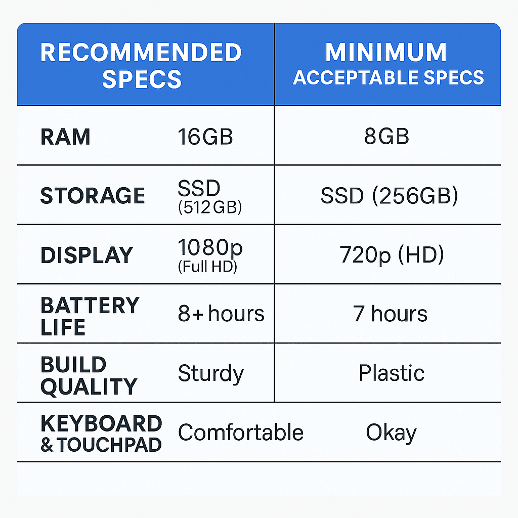 Comparison chart for ideal vs minimum student laptop specs