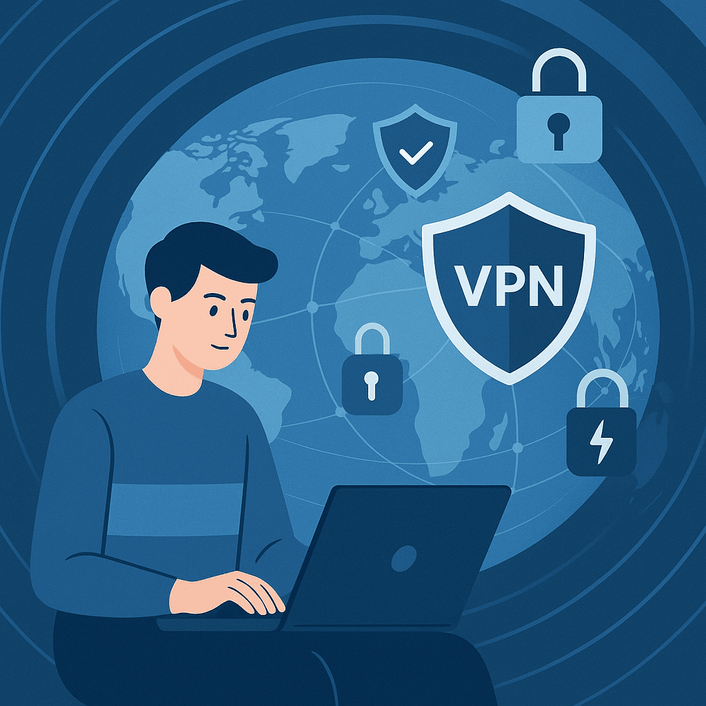 Modern illustration showing a user protected by a digital VPN tunnel — visualizing what a VPN is.