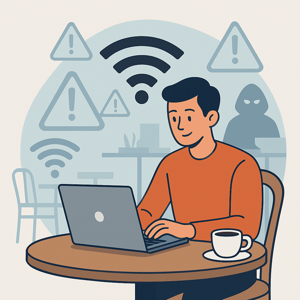 Illustration representing public Wi-Fi safety concerns with icons of unsecured connections and a person using a laptop in a public place.