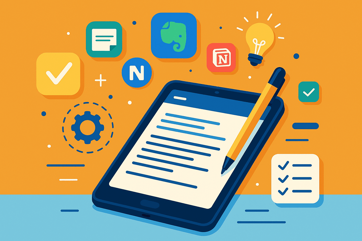 Illustration of best tools for taking notes in 2025 featuring digital devices and note-taking app icons.