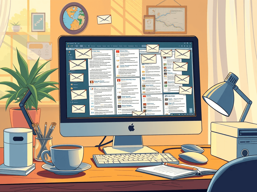 Illustration of a computer cluttered with spam emails
