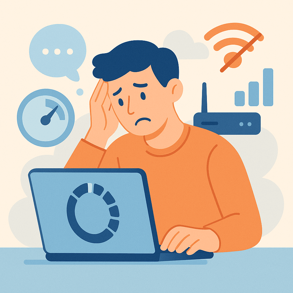 person frustrated using a laptop with slow wi-fi