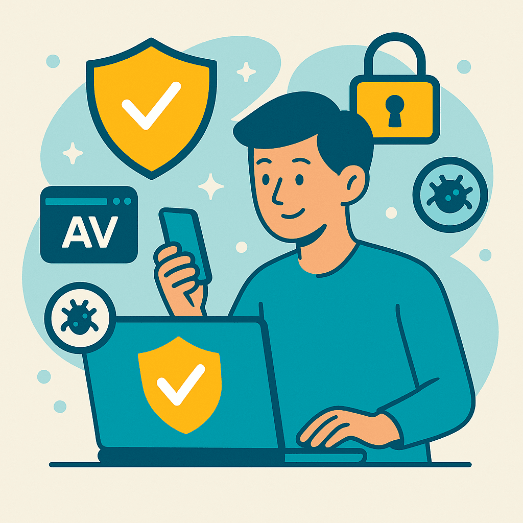 Illustration of a person using the best antivirus tools for 2025 with shields and malware icons.