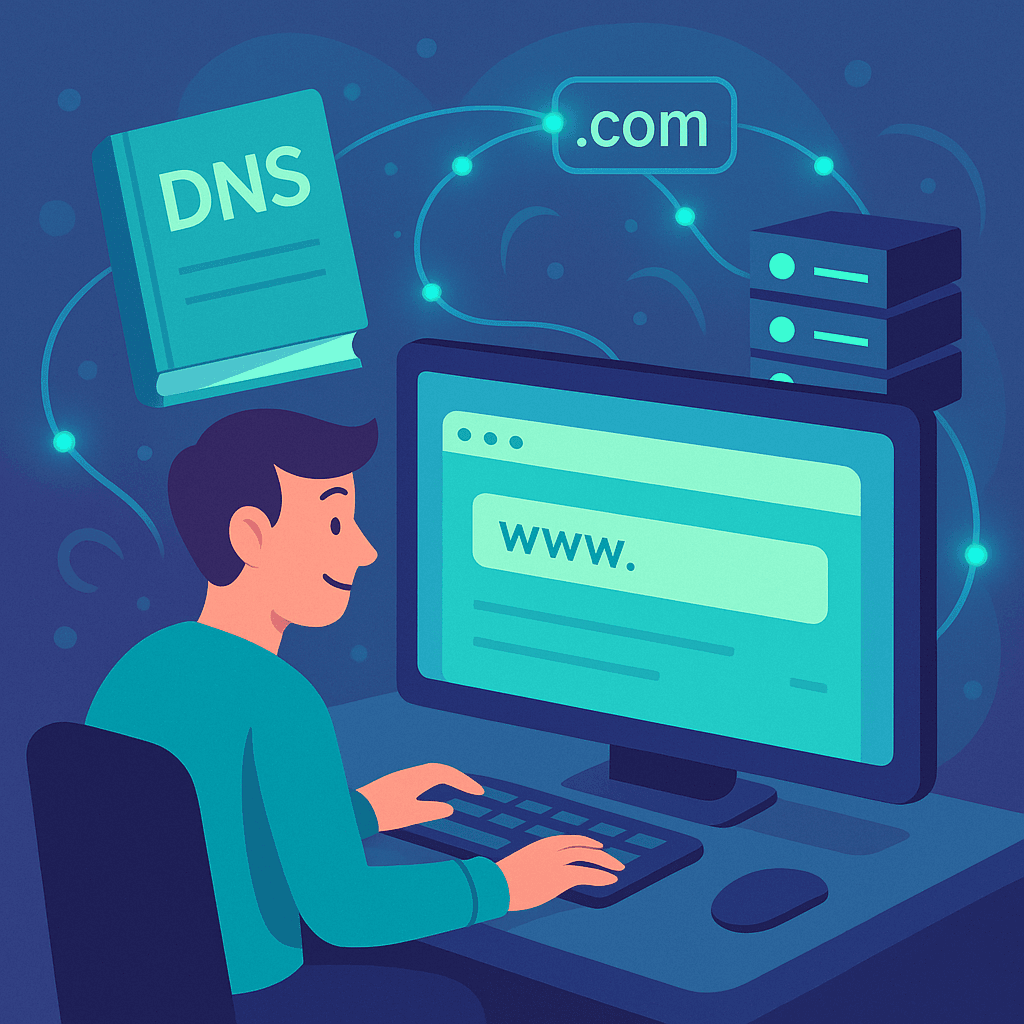 illustration explaining what is a DNS with icons of phonebooks, domain names, and internet connections.