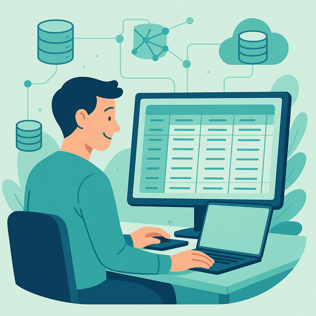illustration explaining what is a database with a person and icons of data stacks and cloud storage.