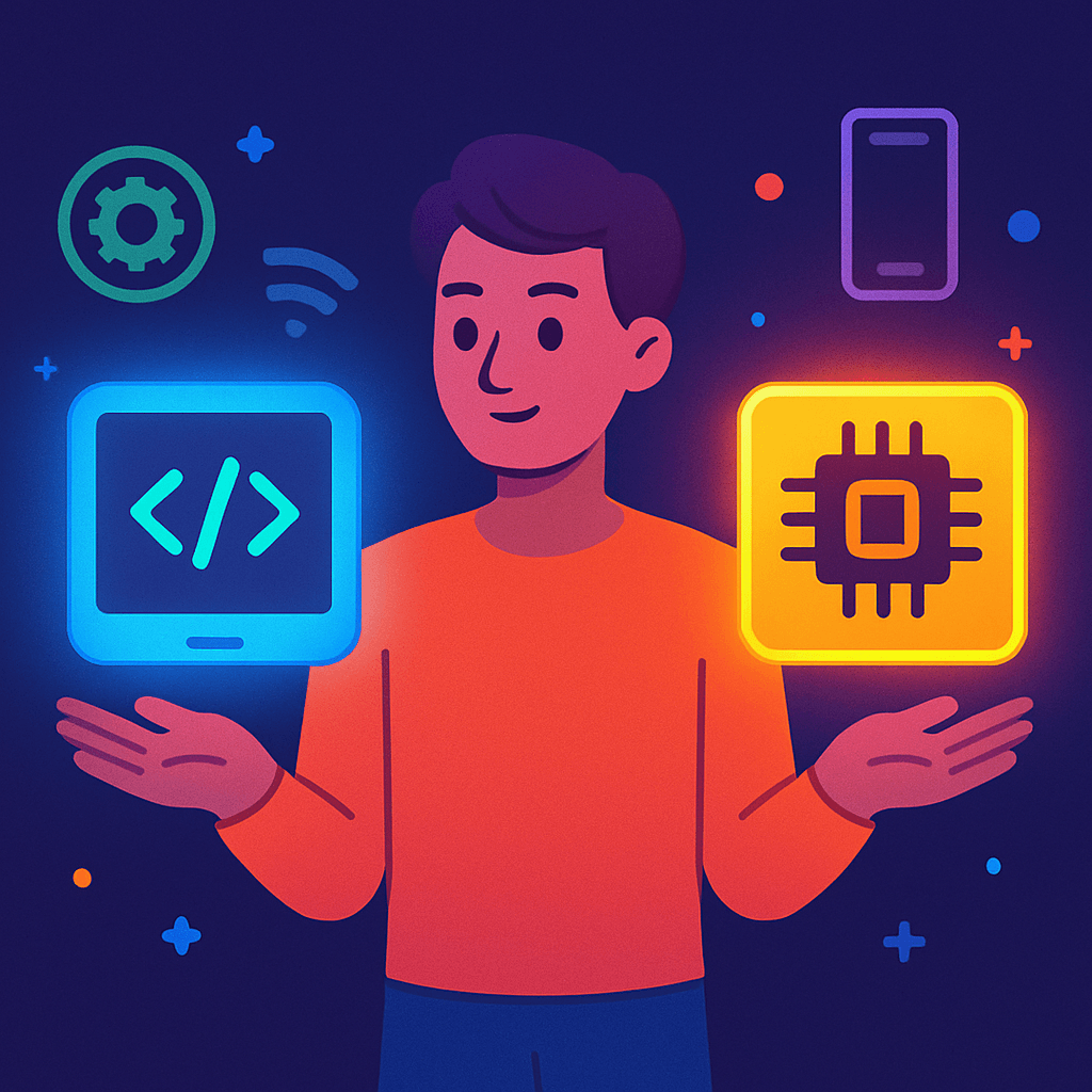 illustration explaining software vs hardware with a person holding icons of digital apps and physical tech.