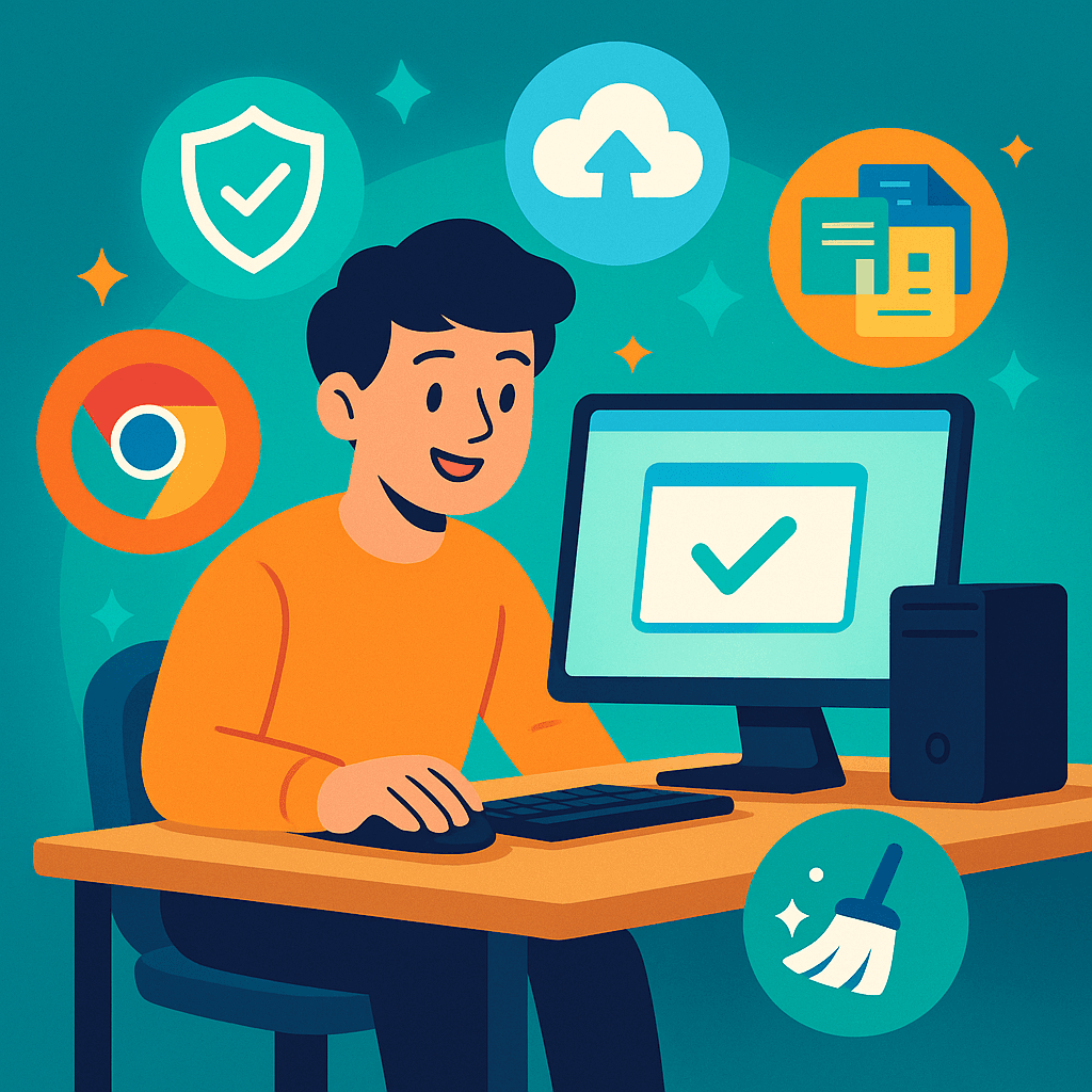 illustration showing a person setting up essential programs for a new PC, including antivirus, cloud storage, browser, and productivity tools.