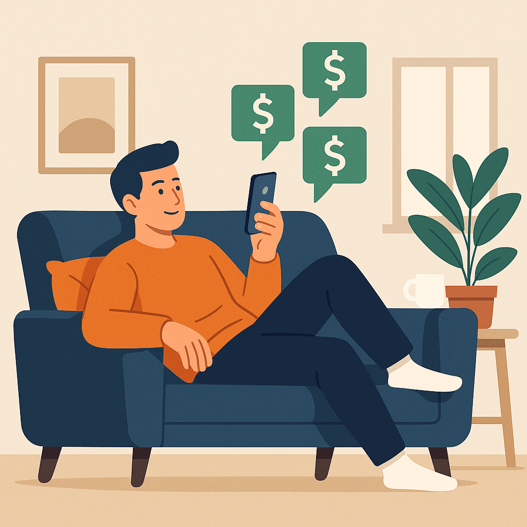 A person lounging at home with multiple income notifications after creating a passive income website