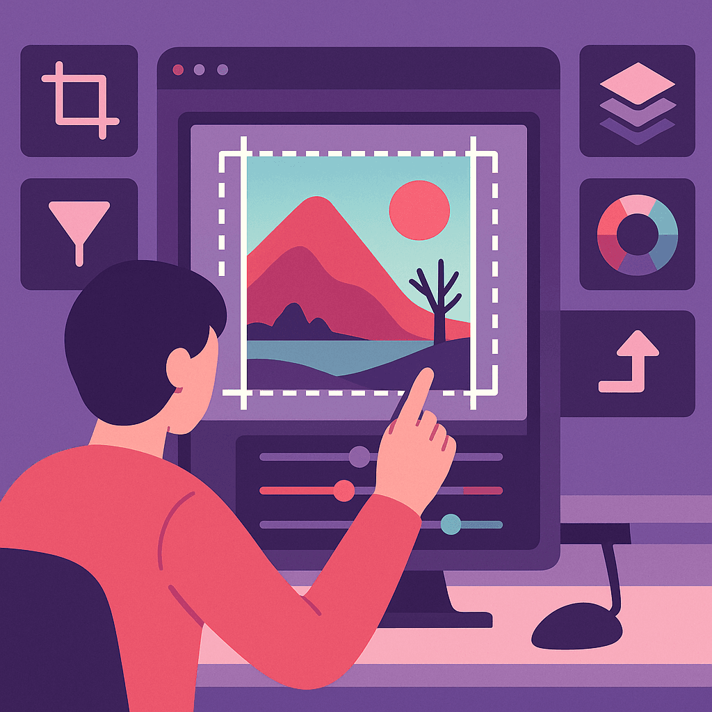 illustration showing a person using photo editing software with editing tools and icons like filters, layers, and color sliders surrounding them, representing the best photo editing softwares.