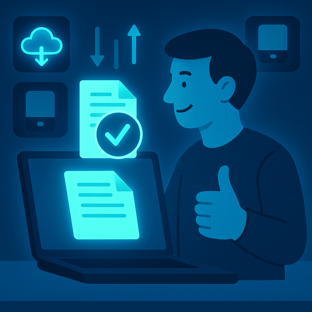 illustration of a person backing up their computer using cloud storage and external drives, surrounded by backup icons and data protection visuals.