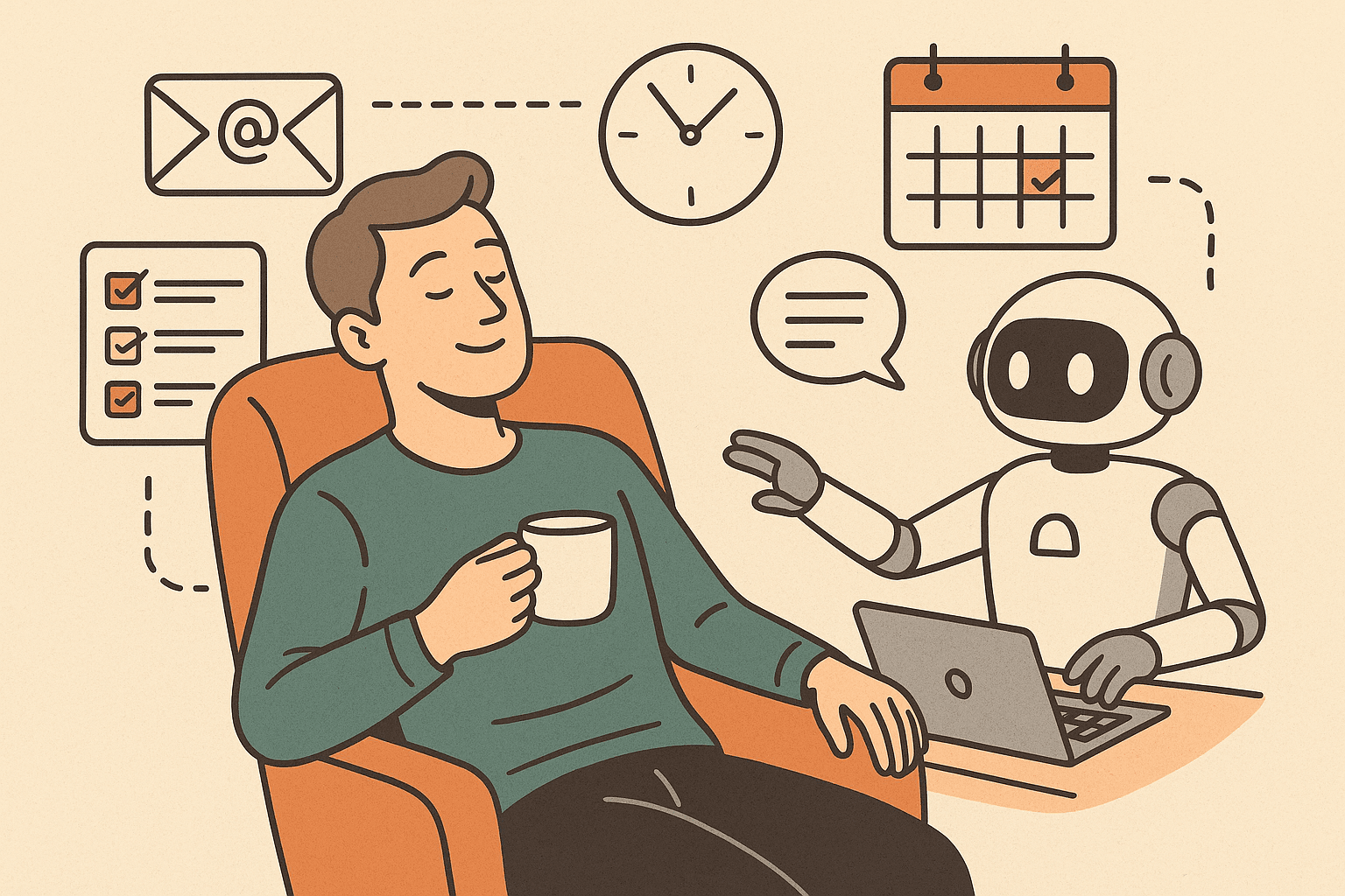 Human enjoying free time while AI assistant handles daily tasks