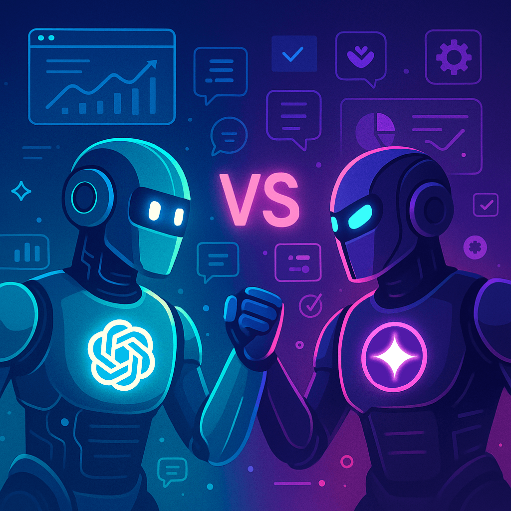 illustration representing ChatGPT Plus vs Gemini Advanced, showing AI avatars in a friendly face-off with glowing interface elements.