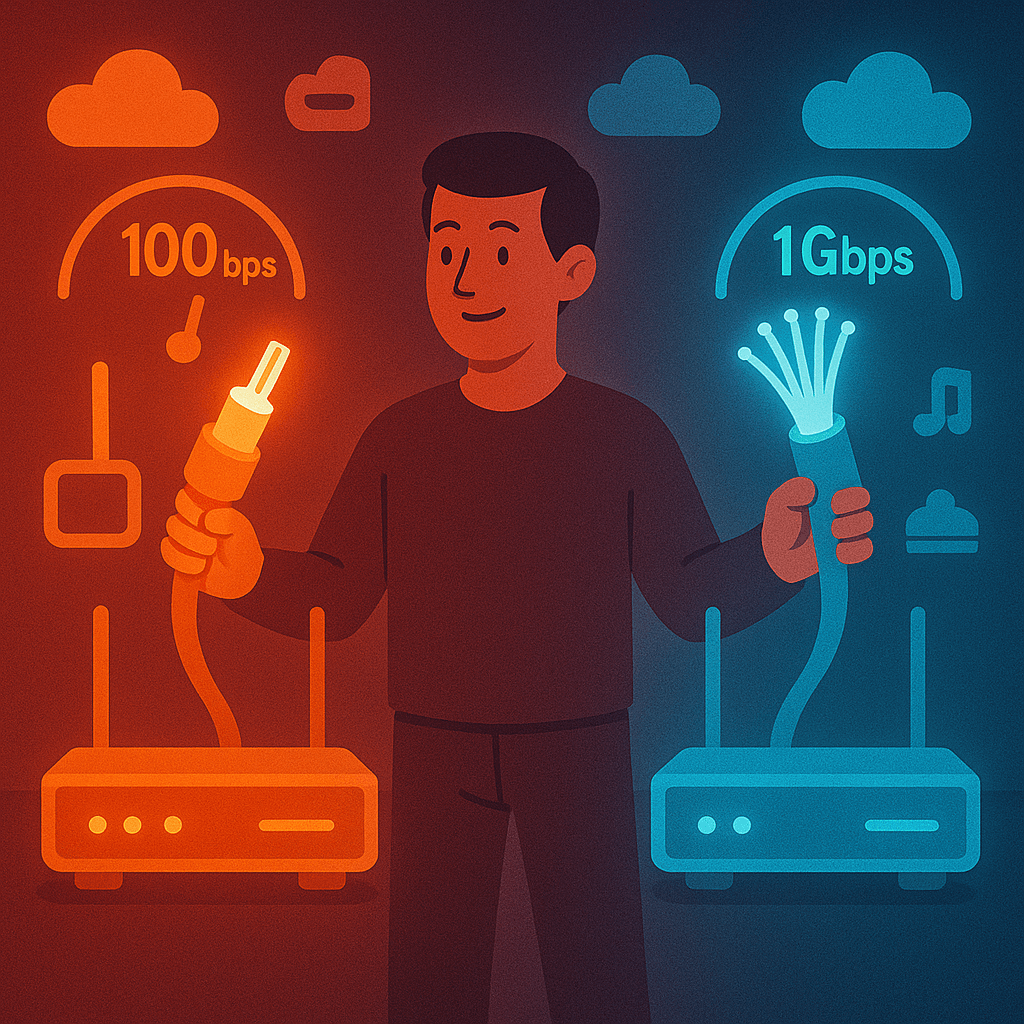 illustration of a person comparing cable and fiber optic internet cables, surrounded by routers, speed meters, and network icons.