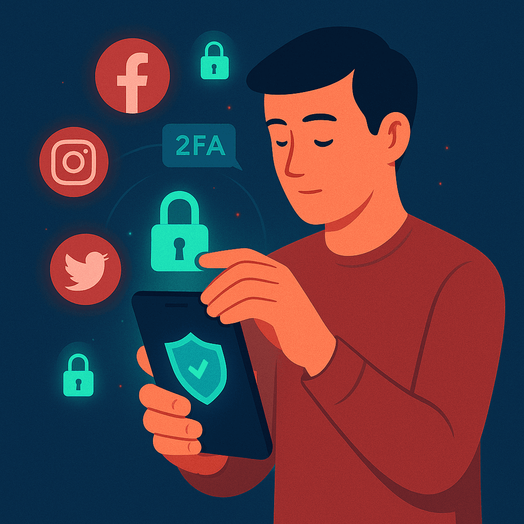 Illustration showing how to secure your social media accounts with padlocks and shield icons.