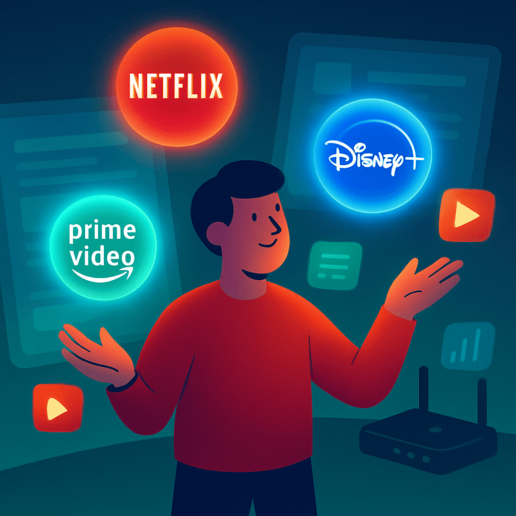 Illustration of a person comparing the best streaming platforms in 2025 like Netflix and Disney+ on futuristic digital screens.