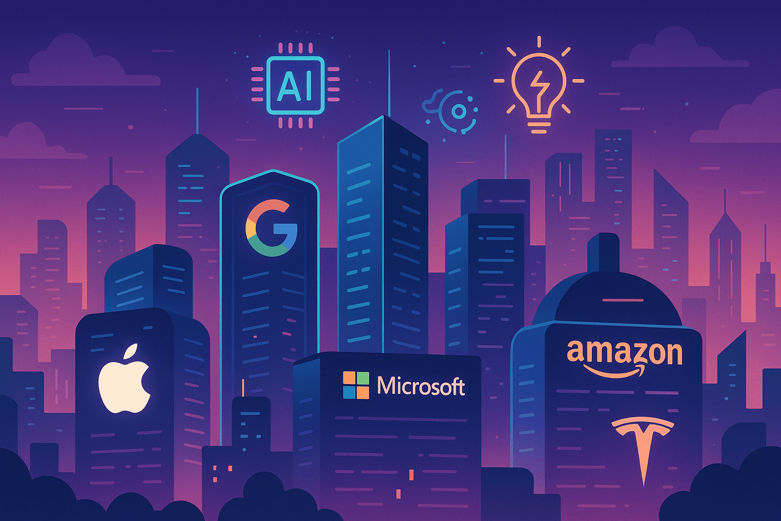 Illustration of tech giants in 2025 racing in innovation with futuristic glowing headquarters