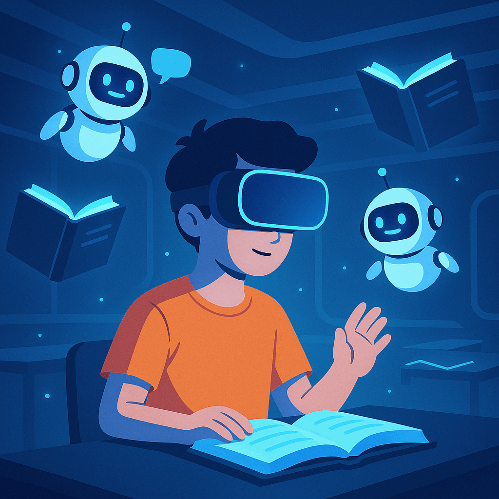 Futuristic student in digital learning environment symbolizing the decline of traditional education.