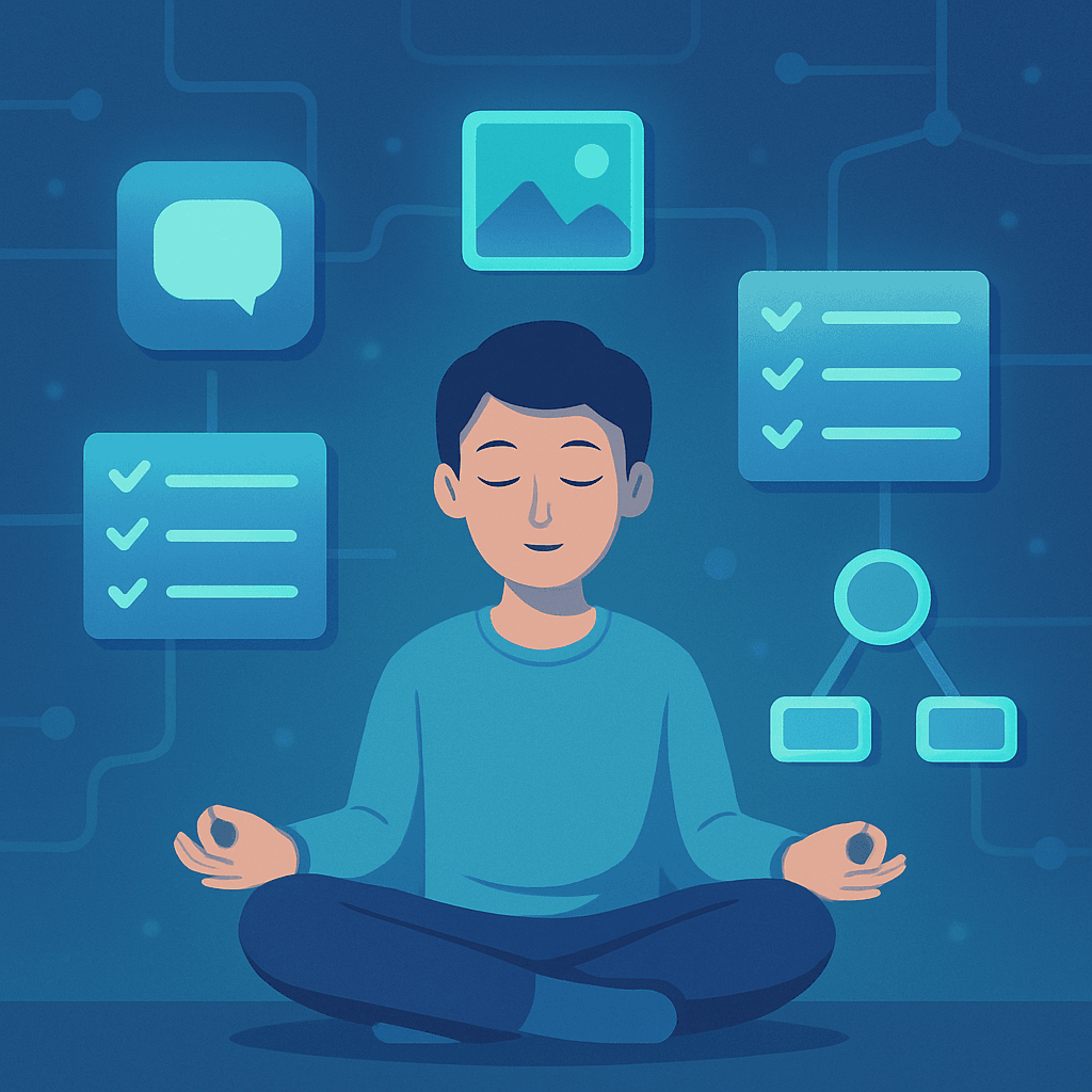 Person building a digital second brain with productivity tools and connected thoughts.