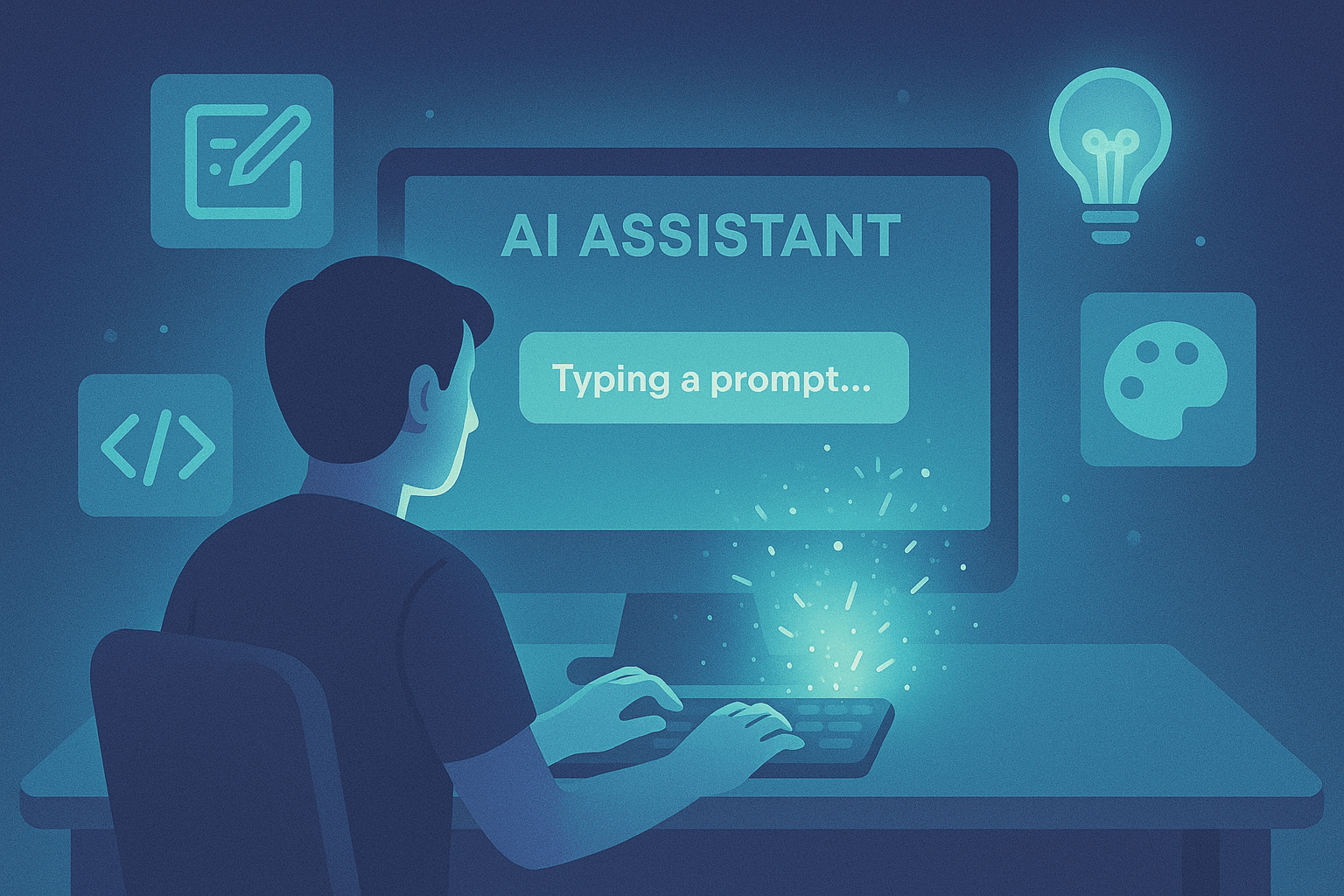 A person typing AI prompts on a digital interface with creative tech icons.