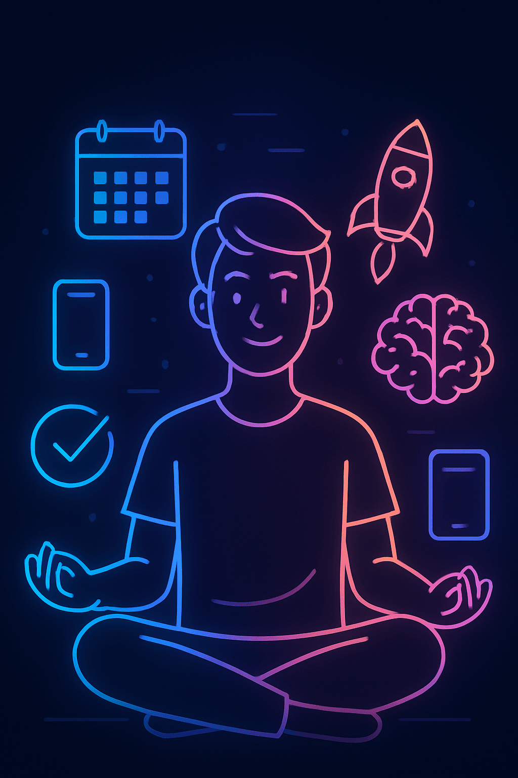 Person surrounded by smart tech icons representing efficiency and intelligence and tech habits