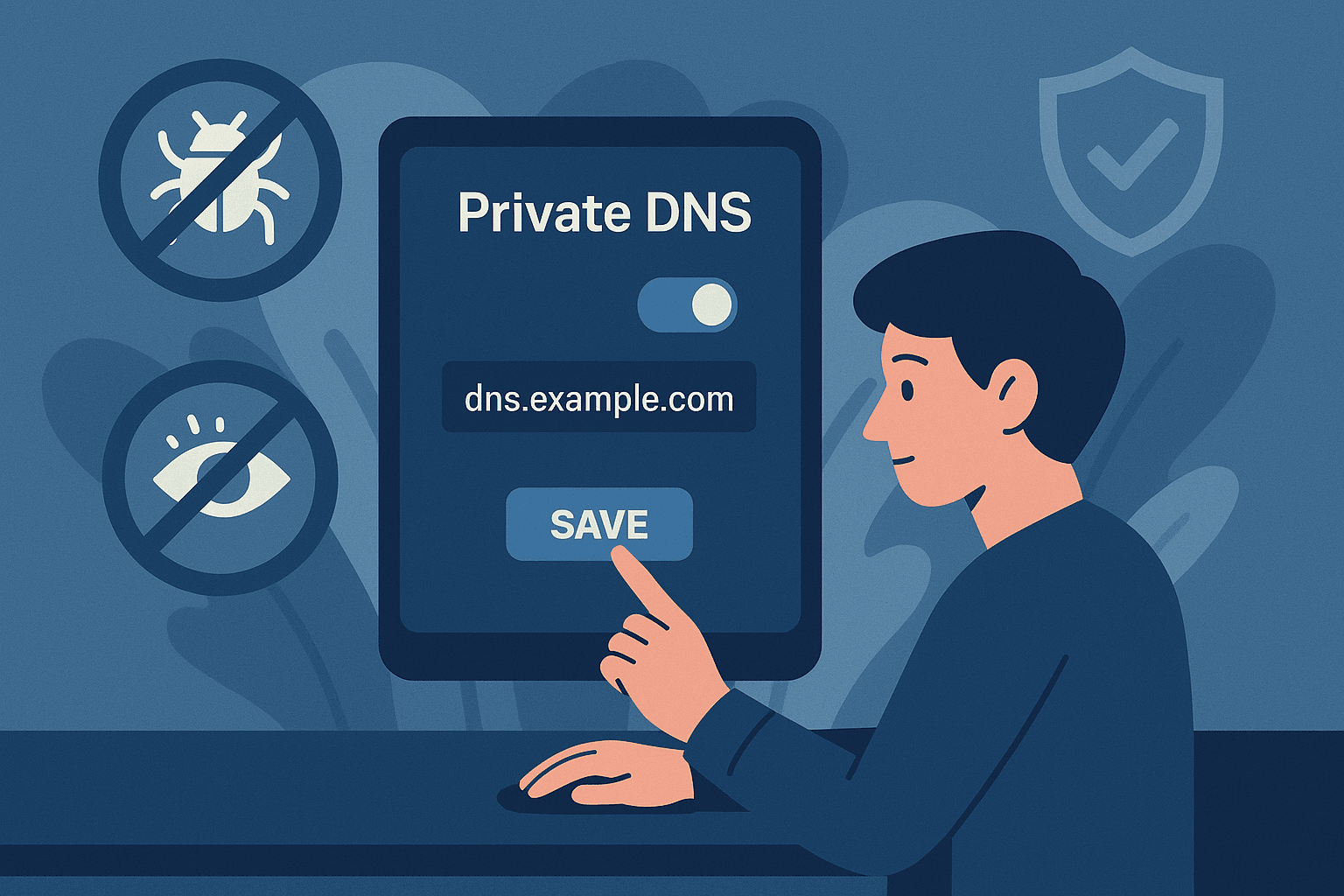 Illustration of a device configuring private DNS to block trackers and malware