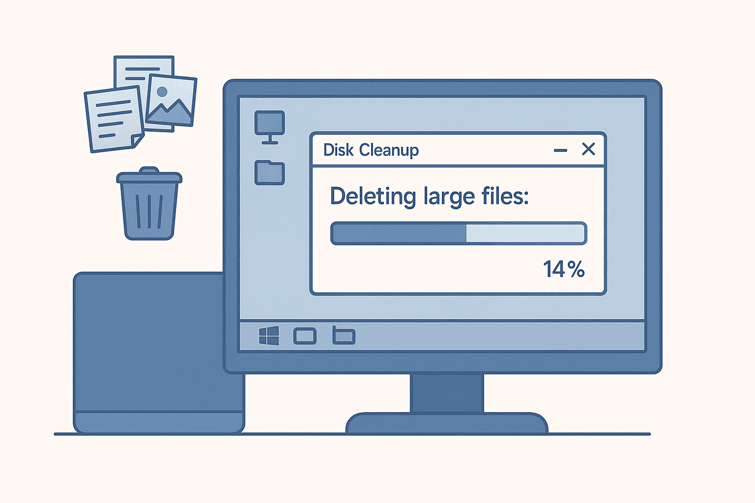Illustration showing a computer freeing up disk space by deleting large unused files