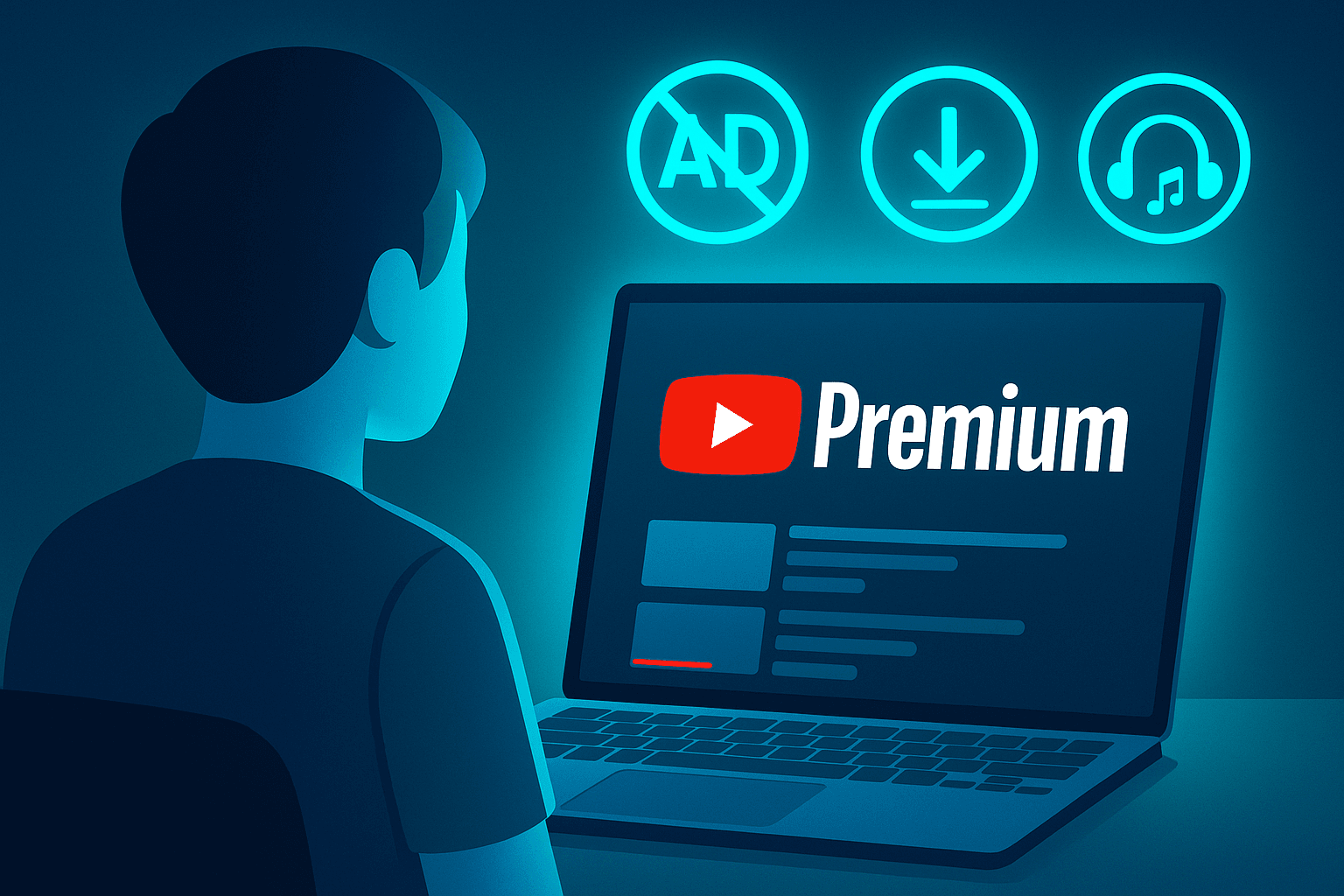 A graphic illustrating the key features of YouTube Premium, including ad-free content, offline downloads, and background playback.