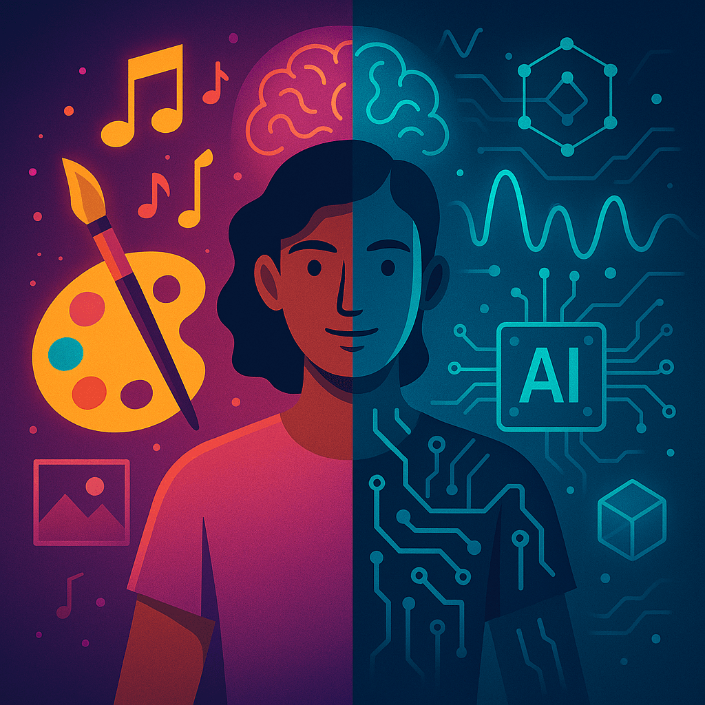 illustration representing the blend of AI and creativity with artistic and technological elements.