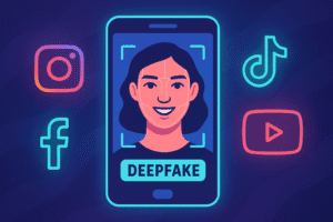 A smartphone screen showing a distorted face, illustrating the threat of deepfake scams on social media.