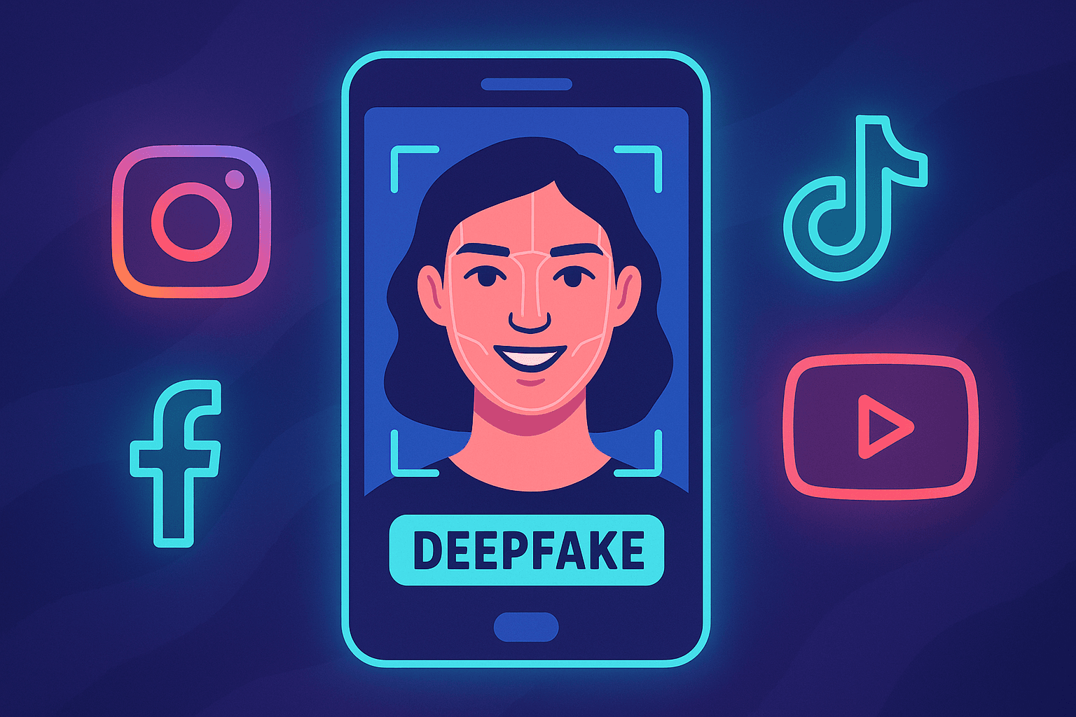 A smartphone screen showing a distorted face, illustrating the threat of deepfake scams on social media.