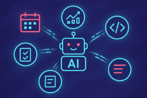 A central AI brain connecting to and automating various tasks, illustrating AI agents technology.