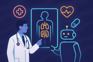 A doctor and an AI robot collaborating, representing the role of artificial intelligence in healthcare.