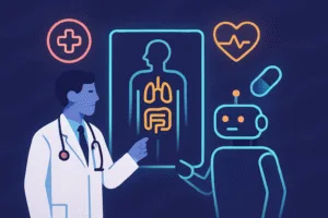 A doctor and an AI robot collaborating, representing the role of artificial intelligence in healthcare.