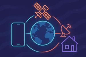 A phone and a home dish connecting to a satellite, comparing T-Mobile satellite internet and Starlink.