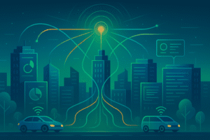 A futuristic city connected by glowing data streams, illustrating the concept of 6G technology explained.