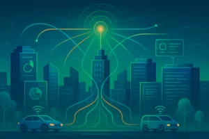 A futuristic city connected by glowing data streams, illustrating the concept of 6G technology explained.