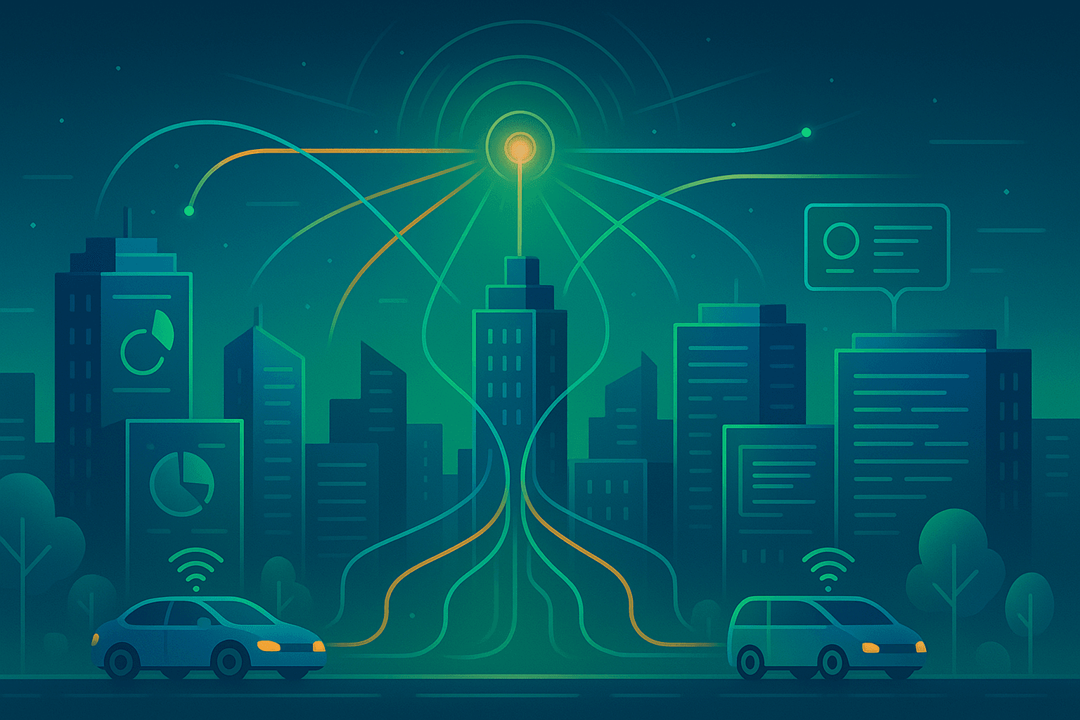 A futuristic city connected by glowing data streams, illustrating the concept of 6G technology explained.
