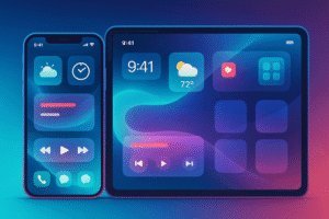 An iPhone and iPad showcasing the fluid cross-device UI experience of iOS 26's Liquid Glass interface.