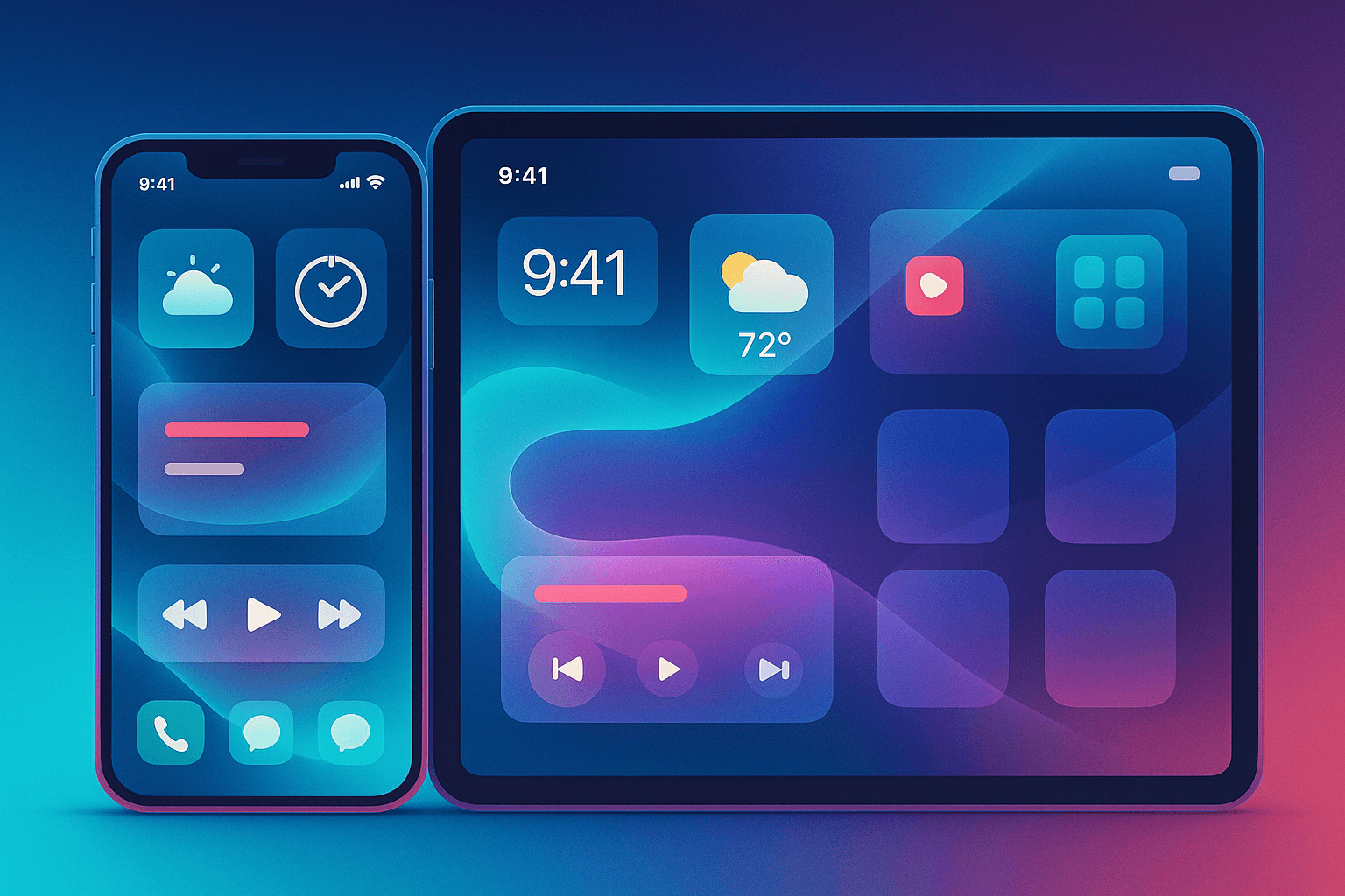 An iPhone and iPad showcasing the fluid cross-device UI experience of iOS 26's Liquid Glass interface.