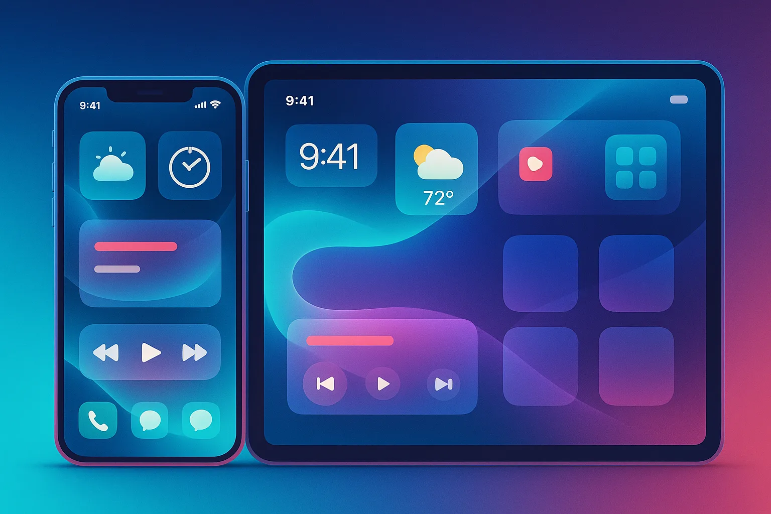 An iPhone and iPad showcasing the fluid cross-device UI experience of iOS 26's Liquid Glass interface.