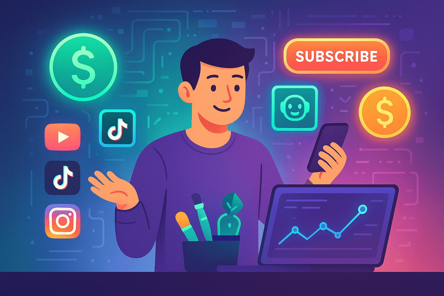 illustration of a digital creator surrounded by AI, monetization, and platform icons representing the creator economy in 2025