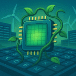 A stylized illustration representing the environmental cost of AI, showing a processor with natural elements.