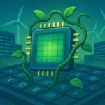 A stylized illustration representing the environmental cost of AI, showing a processor with natural elements.