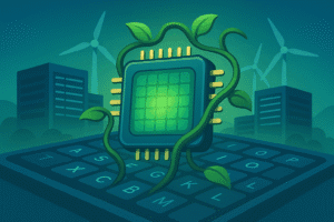 A stylized illustration representing the environmental cost of AI, showing a processor with natural elements.