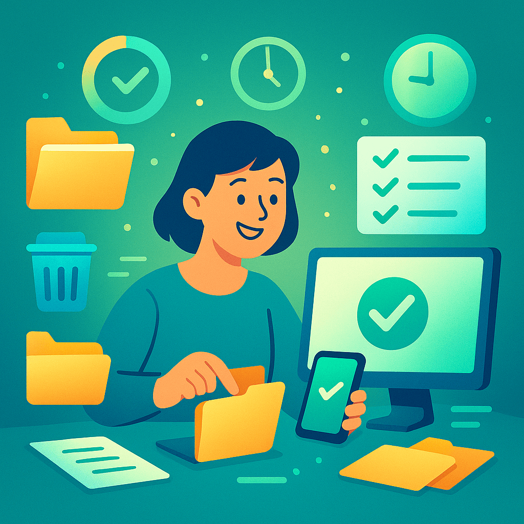 illustration of a person cleaning and organizing their digital life with folders, checklists, and trash bins.